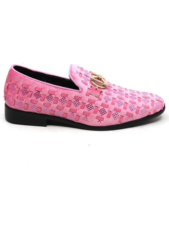 Metrocharm Men\'s Pink Velvet Woven Pattern Loafers Gold Buckle Luxury Prom Shoes main image 6